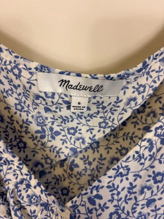 Madewell Blue & White Floral V Neck Wrap Dress with Ruffle Straps 6 - Picture 6 of 7